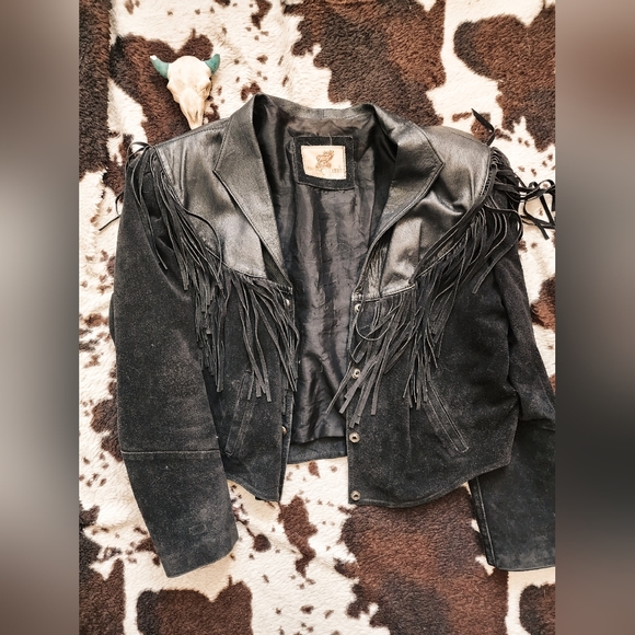 Jackets & Blazers - "GENUINE LEATHER " WOMEN'S 80'S/90'S WESTERN FRINGE CROPPED JACKET - BLACK